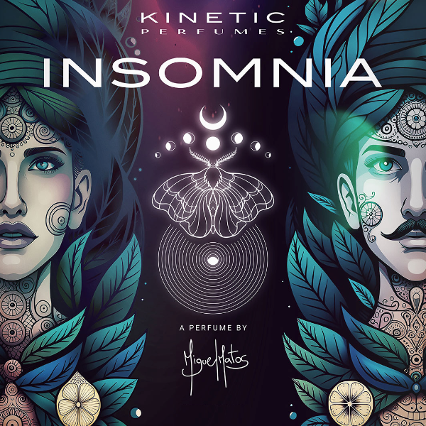 Kinetic Perfumes - Insomnia künstlerisches Design mit zwei Gesichtern und Mottensymbolik in dunklen Blautönen