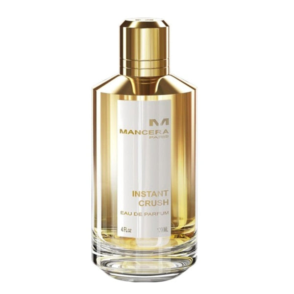 Mancera - Instant Crush Parfumflakon in goldenem Design mit klarem Glas und elegantem Verschluss vor weißem Hintergrund
