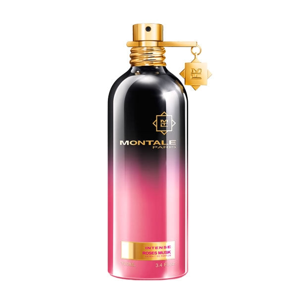 Montale - Intense Roses Musk Sprayflakon mit gradient rosa-schwarzem Design und goldfarbenem Zerstäuber vor weißem Hintergrund