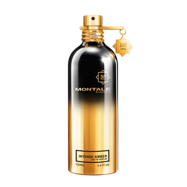 Montale - Intense Amber Parfumflakon mit gold-schwarzem Farbverlauf und goldenem Spraykopf vor weißem Hintergrund