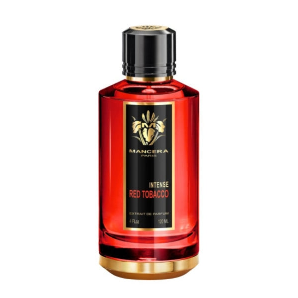 Mancera - Intense Red Tobacco roter Flakon mit goldenen Details und schwarzem Verschluss vor weißem Hintergrund