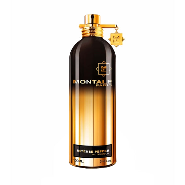 Montale - Intense Pepper eleganter Flakon mit gold-schwarzem Farbverlauf und dekorativem Verschluss auf weißem Hintergrund