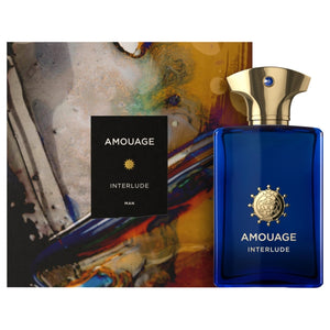 Amouage - Interlude Man edler tiefblauer Flakon mit goldfarbenem Verschluss und markantem Emblem für kraftvollen maskulinen Duft