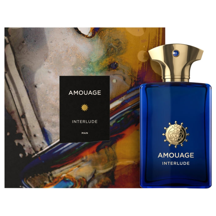 Amouage - Interlude Man edler tiefblauer Flakon mit goldfarbenem Verschluss und markantem Emblem für kraftvollen maskulinen Duft