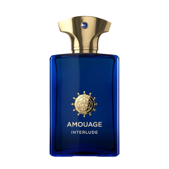 Amouage - Interlude Man royalblauer Flakon mit goldenem Verschluss und edlem, maskulinem Design für tiefgründigen Duft