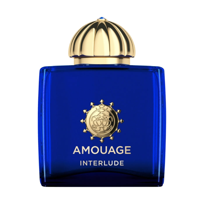 Amouage - Interlude Woman intensiver blauer Flakon mit goldenem, ornamentiertem Verschluss und elegantem Design für ausdrucksstarken Duft