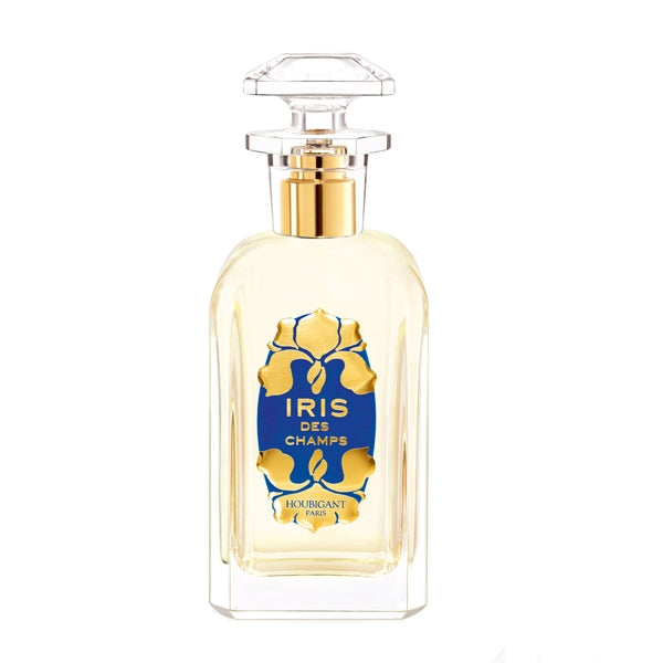 Houbigant - Iris des Champs Parfumflakon mit klarem Glas, goldenem Verschluss und blau-goldenem floralen Etikett