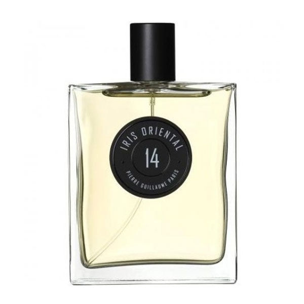 Pierre Guillaume - Iris Oriental No.14 Parfumflakon mit hellem Inhalt und schwarzem runden Etikett vor weißem Hintergrund