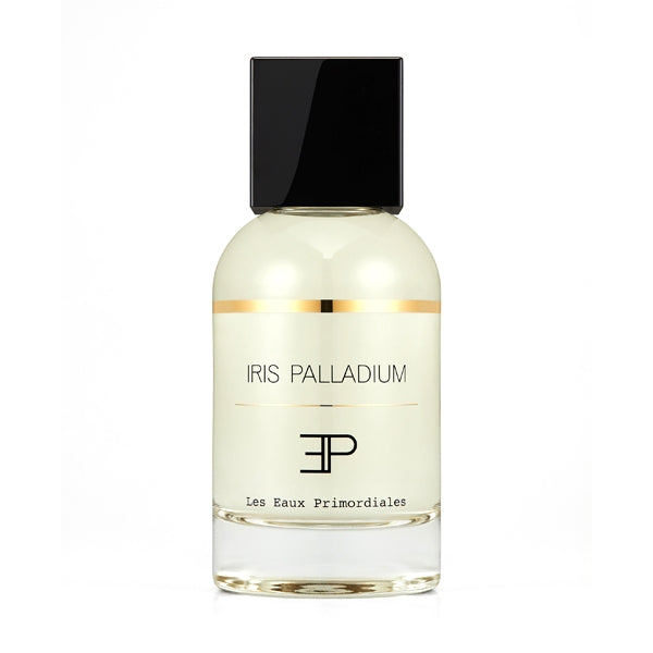 Les Eaux Primordiales - Iris Palladium Parfumflakon mit schlichtem Design und schwarzem Verschluss vor hellem Hintergrund