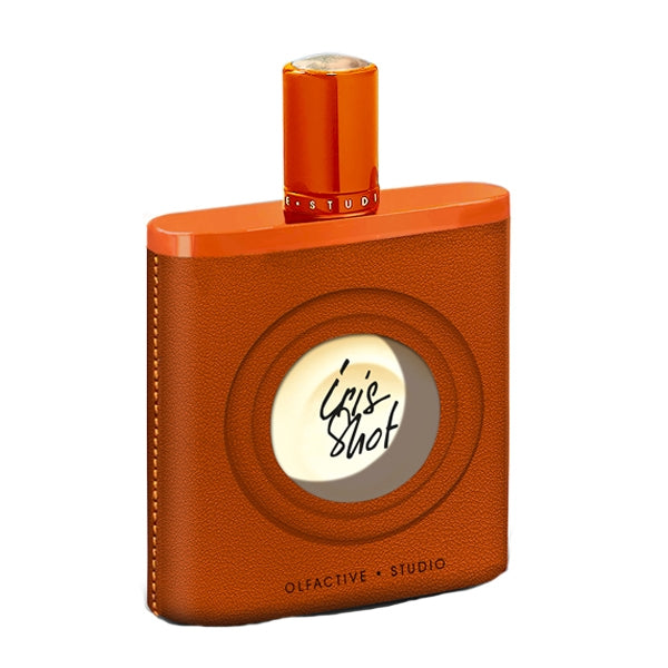 Olfactive Studio - Collection Sepia - Iris Shot Parfumflakon in orange-braunem Leder mit rundem Sichtfenster und modernem Design