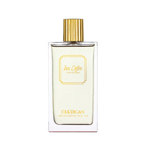 Cherigan - Iris Coffee Parfumflakon mit klarer Glasform und goldfarbenem Verschluss auf weißem Hintergrund