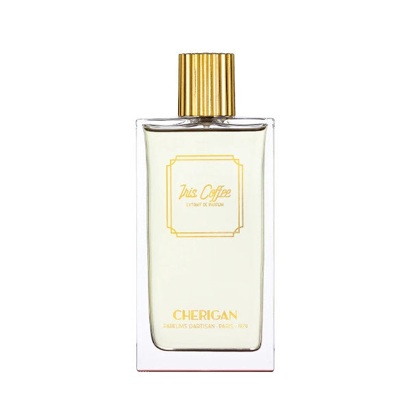 Cherigan - Iris Coffee Parfumflakon mit klarer Glasform und goldfarbenem Verschluss auf weißem Hintergrund