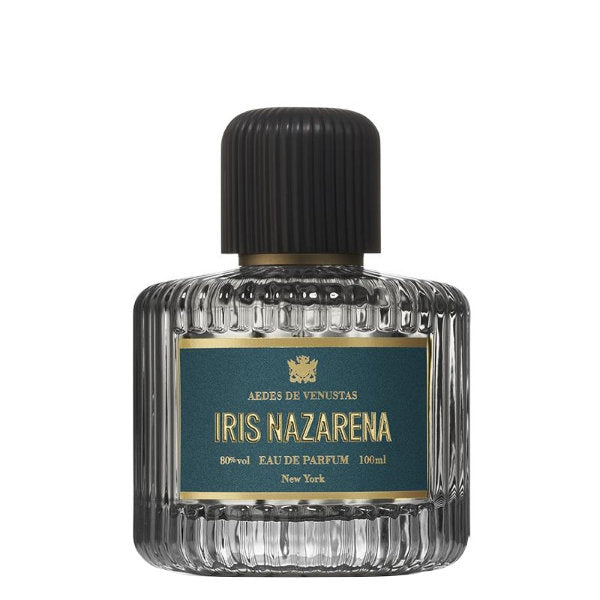 Aedes de Venustas - Iris Nazarena eleganter Glasflakon mit geriffeltem Design und dunkelgrünem goldakzentuiertem Etikett