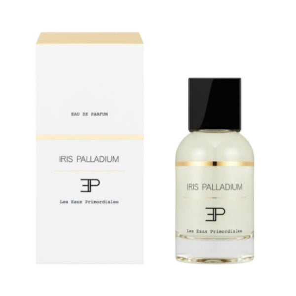 Les Eaux Primordiales - Iris Palladium Parfumflakon mit klarer Gestaltung und goldenem Akzent vor weißem Hintergrund