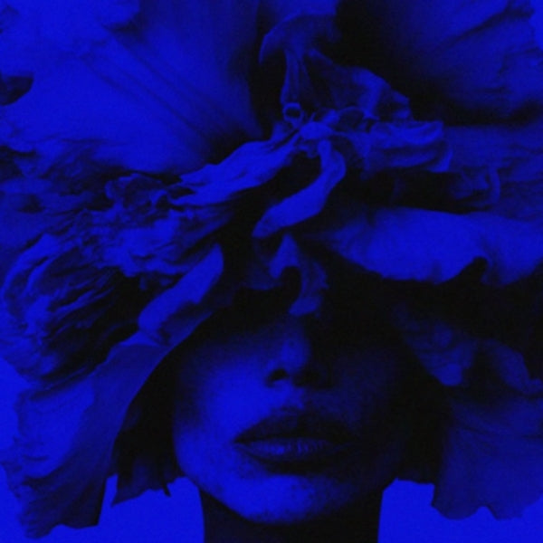 BIBBI Paris - Iris Wallpaper künstlerische Nahaufnahme eines Gesichts mit irisförmigen Blütenblättern im blauen Licht