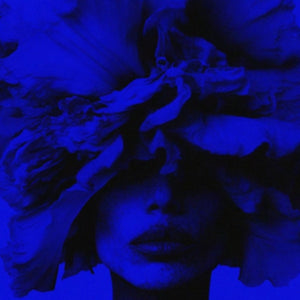 BIBBI Paris - Iris Wallpaper künstlerische Nahaufnahme eines Gesichts mit irisförmigen Blütenblättern im blauen Licht