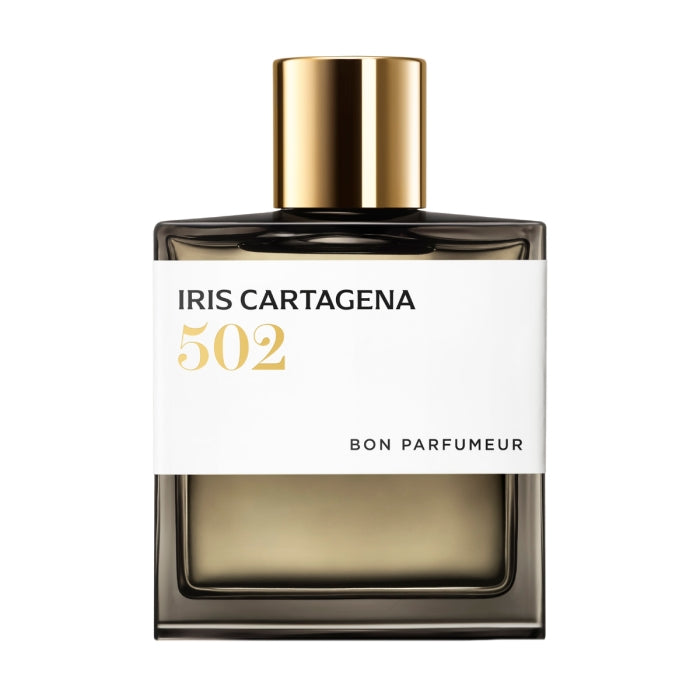 Bon Parfumeur - Les Extraits - 502 Iris Cartagena Parfumflakon mit goldenem Verschluss und elegantem weißen Etikett vor weißem Hintergrund