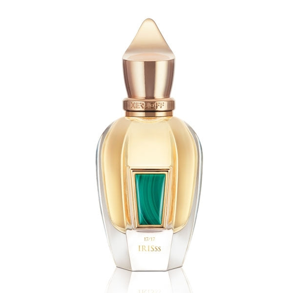 Xerjoff - XJ 17/17 - Stone Label - Irisss eleganter Flakon mit goldfarbenem Verschluss und grünem Stein vor weißem Hintergrund