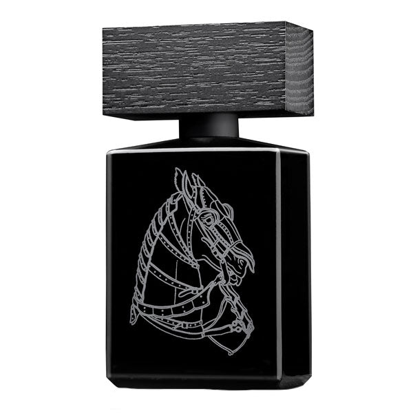 BeauFort London - Revenants Vol 1 - Iron Duke schwarzer Flakon mit Holzdeckel und silberner Pferdegravur elegant gestaltet