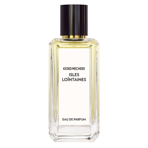 Keiko Mecheri - Isles Loîntaines Parfumflakon mit klarer, geradliniger Form und schwarzem Deckel in edler Schlichtheit