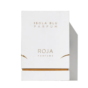 Roja Parfums - Isola Blu zeigt schlichte weiße Verpackung mit goldfarbener Prägung und elegantem minimalistischen Design