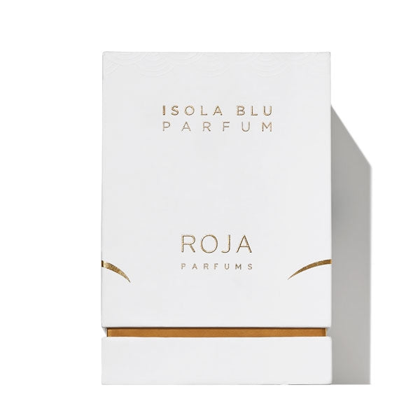 Roja Parfums - Isola Blu zeigt schlichte weiße Verpackung mit goldfarbener Prägung und elegantem minimalistischen Design