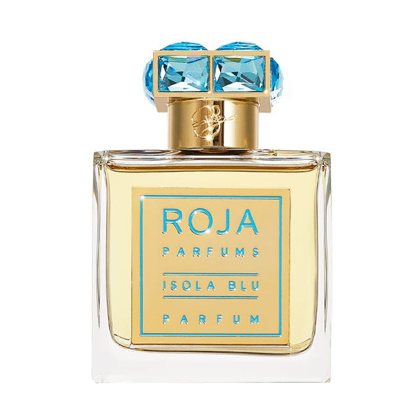 Roja Parfums - Isola Blu zeigt eleganten Glasflakon mit goldfarbenem Etikett und türkisfarbenen Schmucksteinen am Verschluss