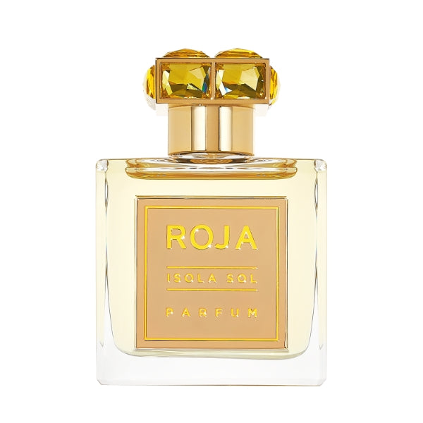 Roja Parfums - Isola Sol edler Flakon mit goldfarbenem Verschluss und warmen Bernsteinakzenten vor weißem Hintergrund