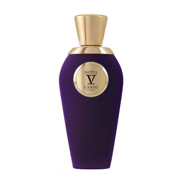 V Canto - Isotta Parfumflakon in elegantem tiefviolettem Samt mit goldfarbenem Verschluss und rundem Emblem aus Metall