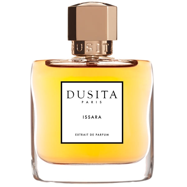 Dusita - Issara Parfumflakon mit bernsteinfarbener Essenz und champagnerfarbenem Verschluss vor weißem Hintergrund