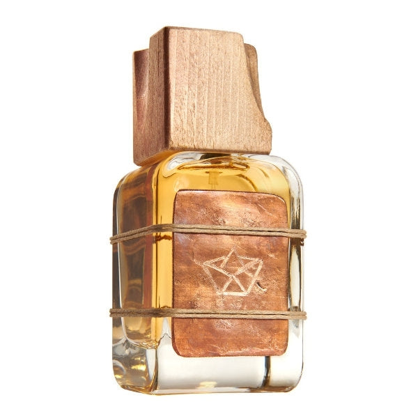 Mendittorosa - Odori d'Anima Collection - Ithaka Flakon mit klarem Glas, goldenem Inhalt und Holzverschluss vor weißem Hintergrund