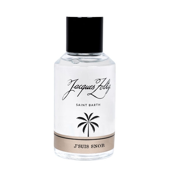 Jacques Zolty - Original Collection - J'suis Snob Parfumflakon mit schwarzem Verschluss und Palmenmotiv auf weißem Hintergrund