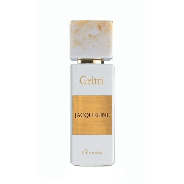 Gritti - White Collection - Jacqueline weißer eckiger Flakon mit goldfarbenem Label und marmoriertem Verschluss auf weißem Hintergrund