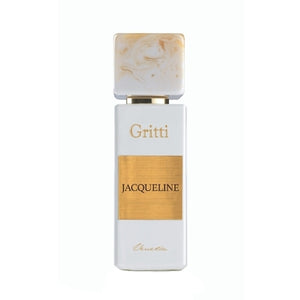 Gritti - White Collection - Jacqueline weißer eckiger Flakon mit goldfarbenem Label und marmoriertem Verschluss auf weißem Hintergrund