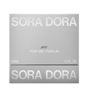 Sora Dora - White Collection - Jany elegante graue Verpackung mit dezentem Muster und minimalistischer Schriftgestaltung