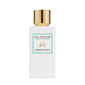 Eau d'Italie - Jardin du Poète eleganter weißer Flakon mit goldfarbenem Verschluss vor weißem Hintergrund