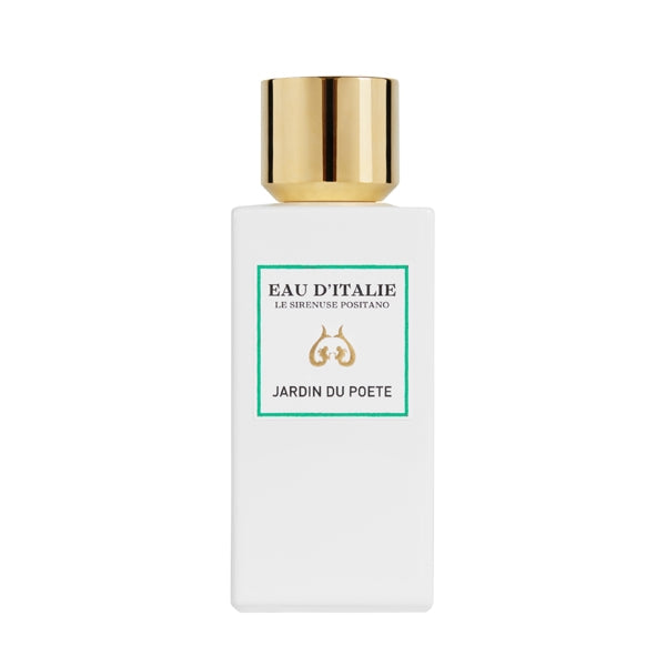 Eau d'Italie - Jardin du Poète eleganter weißer Flakon mit goldfarbenem Verschluss vor weißem Hintergrund