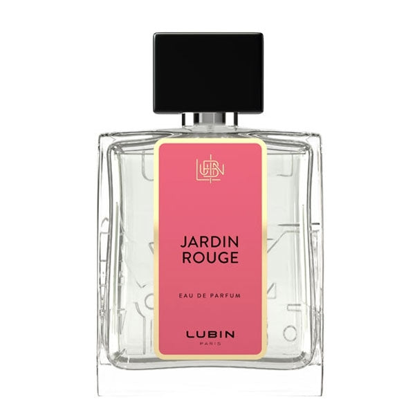 Lubin - Collection Evocations - Jardin Rouge Parfumflakon mit klarem Glas und markantem roten Label vor weißem Hintergrund