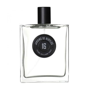 Pierre Guillaume - Jardins de Kerylos No.16 Parfumflakon mit klarem Glas, rundem schwarzem Etikett und schwarzem Verschluss vor weißem Hintergrund