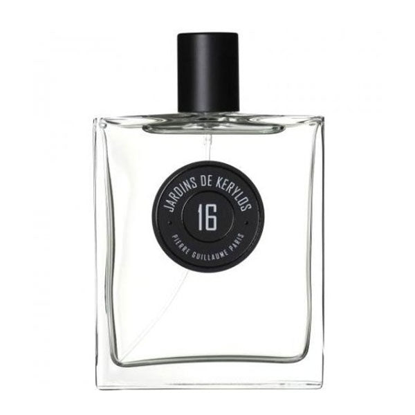Pierre Guillaume - Jardins de Kerylos No.16 Parfumflakon mit klarem Glas, rundem schwarzem Etikett und schwarzem Verschluss vor weißem Hintergrund