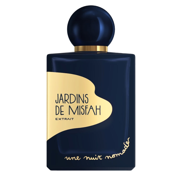 Une Nuit Nomade - Extraits de Voyage - Jardins de Misfah Parfumflakon in tiefem Blau mit goldener Beschriftung und rundem Verschluss