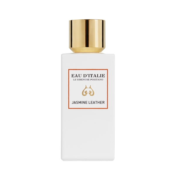 Eau d'Italie - Jasmine Leather minimalistischer weißer Flakon mit goldenem Verschluss vor weißem Hintergrund