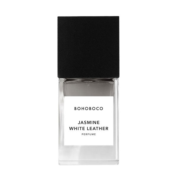 BOHOBOCO - Jasmine White Leather klarer Parfümflakon mit schwarzem Deckel vor weißem Hintergrund