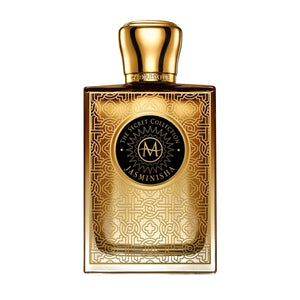 Moresque Parfum - Secret Collection - Jasminisha goldfarbener Flakon mit filigranen Ornamenten und schwarzem Emblem auf weißem Hintergrund