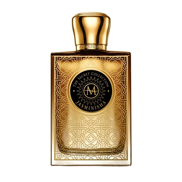 Moresque Parfum - Secret Collection - Jasminisha goldfarbener Flakon mit filigranen Ornamenten und schwarzem Emblem auf weißem Hintergrund