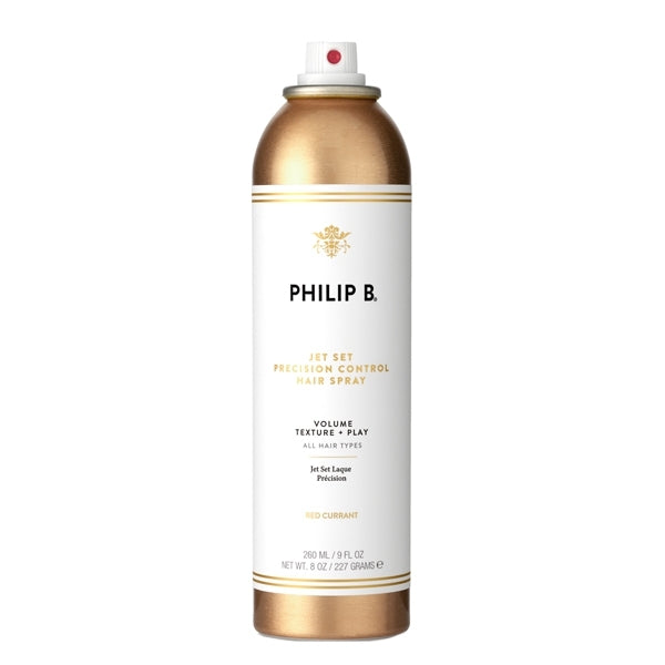 Philip B - Jet Set Precision Control Hair Spray in weiß-goldenem Spraydosen-Design vor weißem Hintergrund