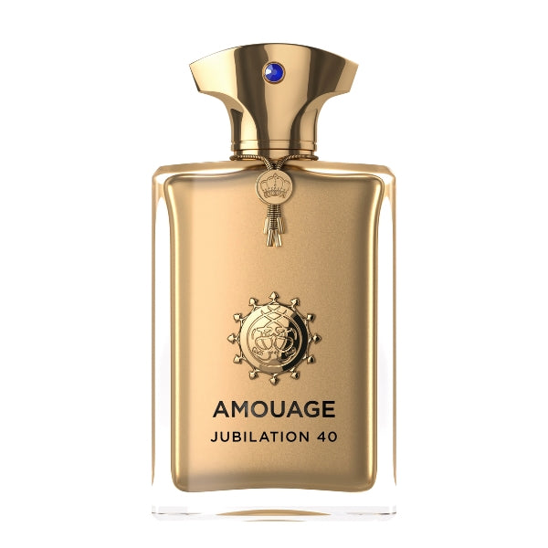 Amouage - Jubilation 40 Parfumflakon in elegantem goldfarbenem Design mit blauem Schmuckstein am Verschluss