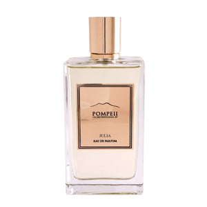 Pompeii - Julia Parfumflakon mit klarem Glas und roségoldenem Etikett auf weißem Hintergrund