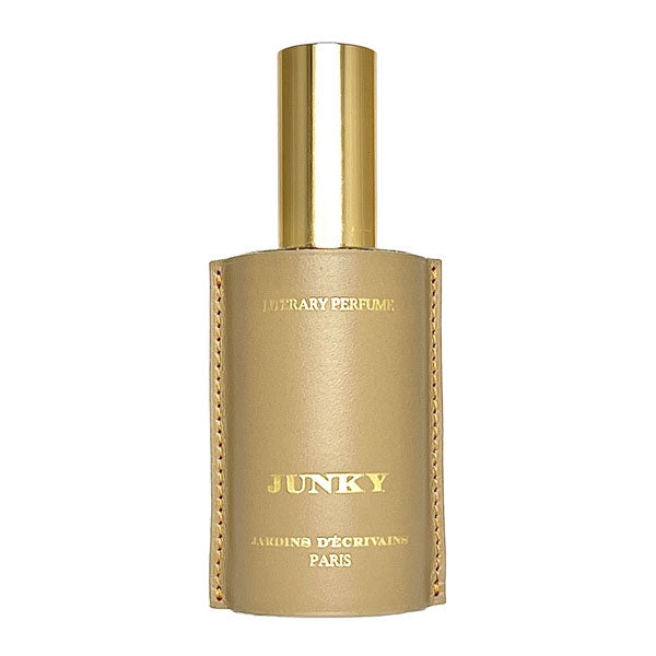 Jardins d'Écrivains - Junky - Beat Generation Parfumflakon mit goldfarbenem Verschluss und beige Lederhülle elegant gestaltet