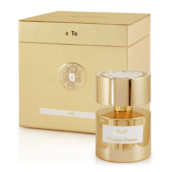 Tiziana Terenzi - Kaff eleganter goldener Parfumflakon mit passender Geschenkbox vor weißem Hintergrund